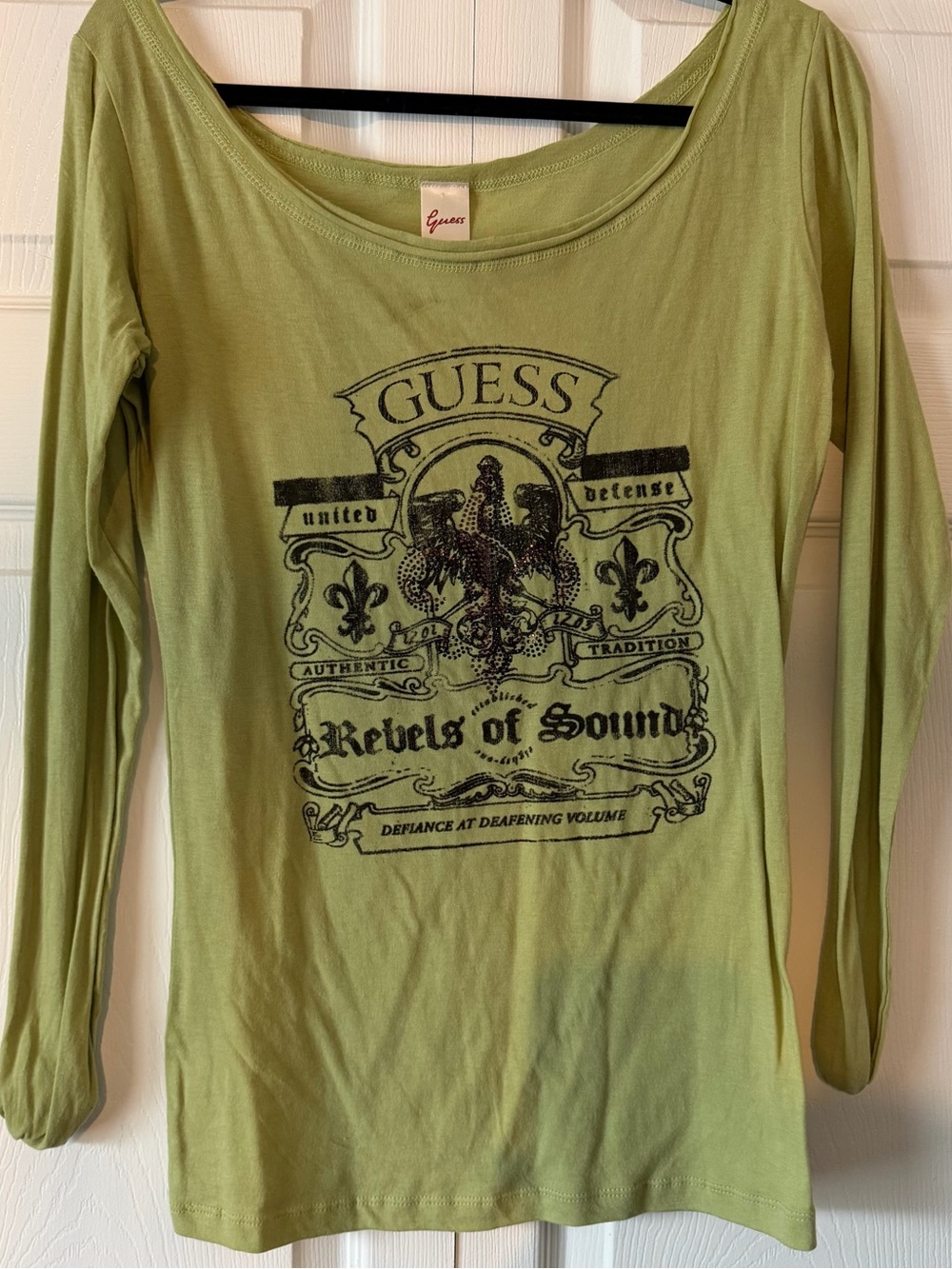 Guess Long Sleeve Tee in Light Green with Black Graphic